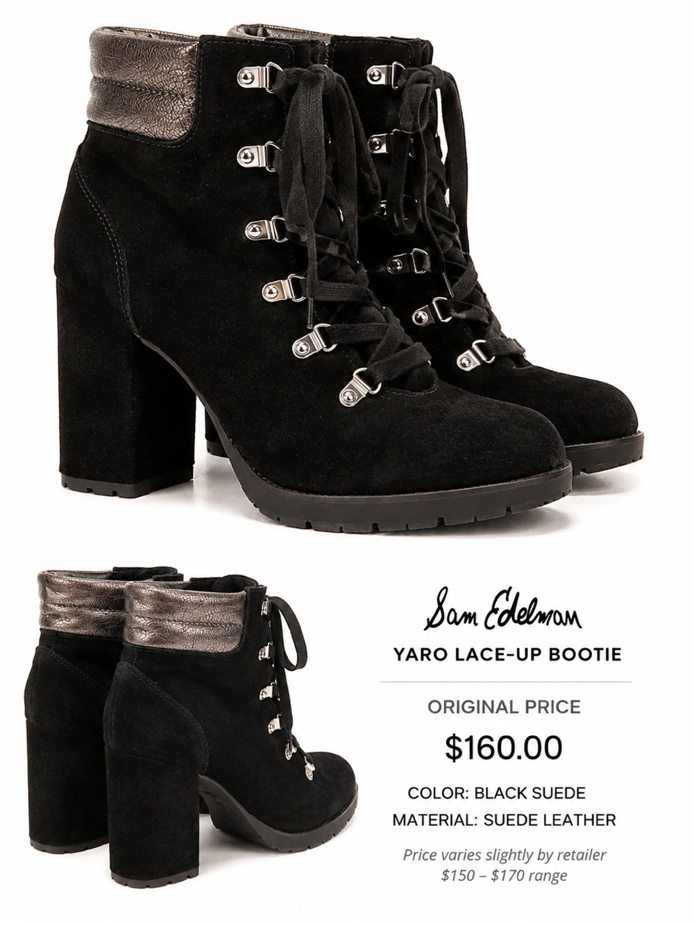 Sam Edelman Black Suede Lace-Up Block Heel Boots